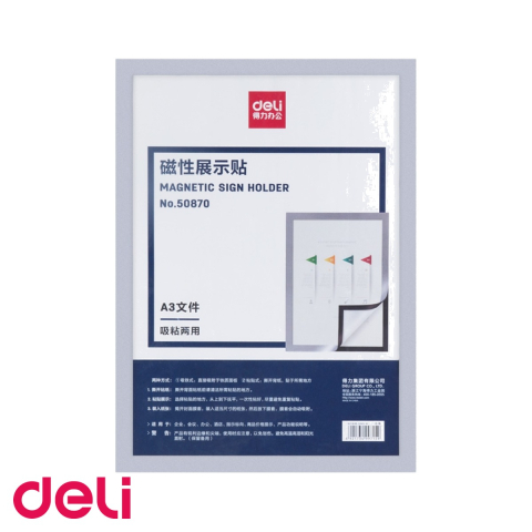 Folii si rame magnetice - Folie magnetica Deli cu rama argintie, format A3, pentru expunerea documentelor pe suprafete metalice