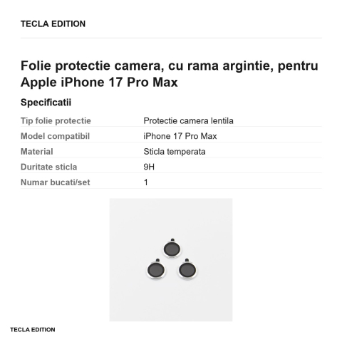 Folie protectie camera, cu rama argintie, pentru Apple iPhone 17 Pro Max [2]