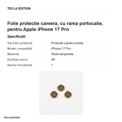 Folie protectie camera, cu rama portocalie, pentru Apple iPhone 17 Pro [2]