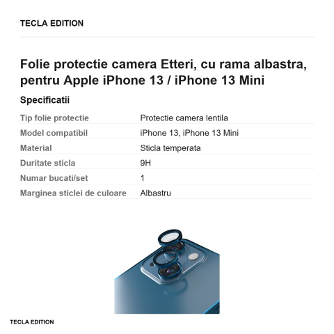 Folie protectie camera Etteri, cu rama albastra, pentru Apple iPhone 13 / iPhone 13 Mini [2]