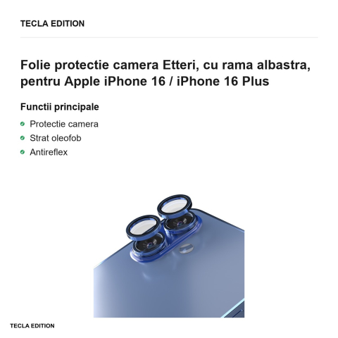 Folie protectie camera Etteri, cu rama albastra, pentru Apple iPhone 16 / iPhone 16 Plus [1]