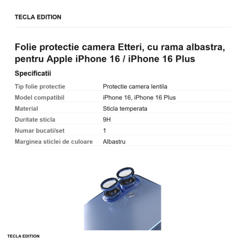Folie protectie camera Etteri, cu rama albastra, pentru Apple iPhone 16 / iPhone 16 Plus [2]