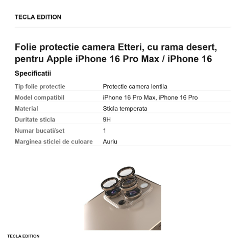 Folie protectie camera Etteri, cu rama desert, pentru Apple iPhone 16 Pro Max / iPhone 16 Pro [2]