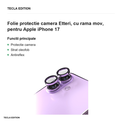 Folie protectie camera Etteri, cu rama mov, pentru Apple iPhone 17 [1]