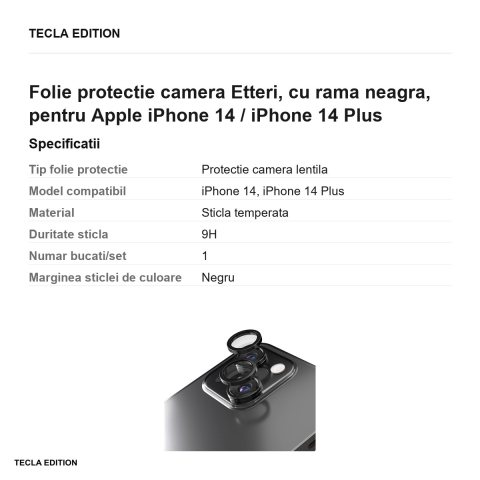 Folie protectie camera Etteri, cu rama neagra, pentru Apple iPhone 14 / iPhone 14 Plus [2]