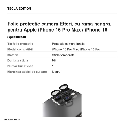Folie protectie camera Etteri, cu rama neagra, pentru Apple iPhone 16 Pro Max / iPhone 16 Pro [2]