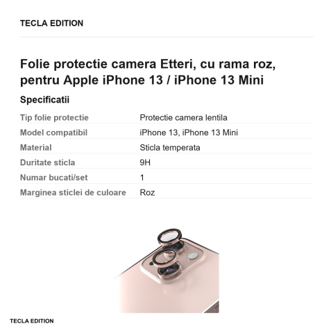 Folie protectie camera Etteri, cu rama roz, pentru Apple iPhone 13 / iPhone 13 Mini [2]