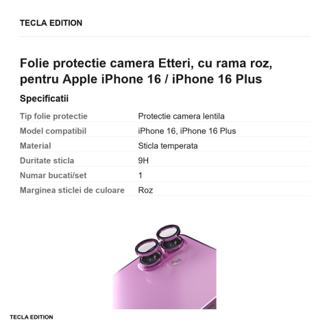 Folie protectie camera Etteri, cu rama roz, pentru Apple iPhone 16 / iPhone 16 Plus [2]