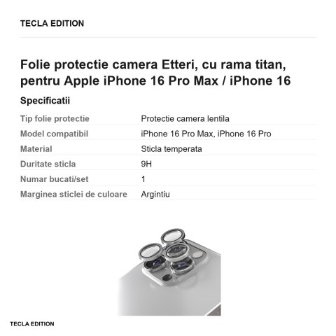 Folie protectie camera Etteri, cu rama titan, pentru Apple iPhone 16 Pro Max / iPhone 16 Pro [2]