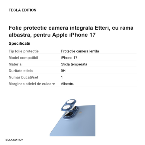 Folie protectie camera integrala Etteri, cu rama albastra, pentru Apple iPhone 17 [2]