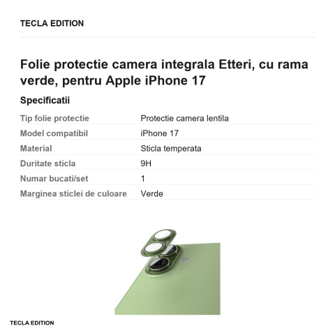 Folie protectie camera integrala Etteri, cu rama verde, pentru Apple iPhone 17 [2]