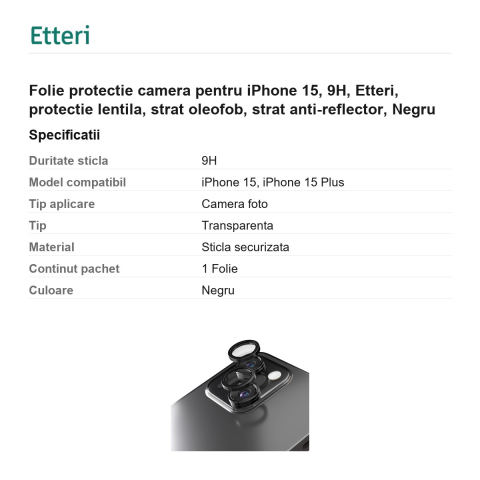 Folie protectie camera pentru iPhone 15, 9H, Etteri, protectie lentila, strat oleofob, strat anti-reflector, Negru [2]