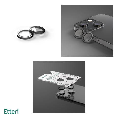 Folie protectie camera pentru iPhone 15, 9H, Etteri, protectie lentila, strat oleofob, strat anti-reflector, Negru [3]