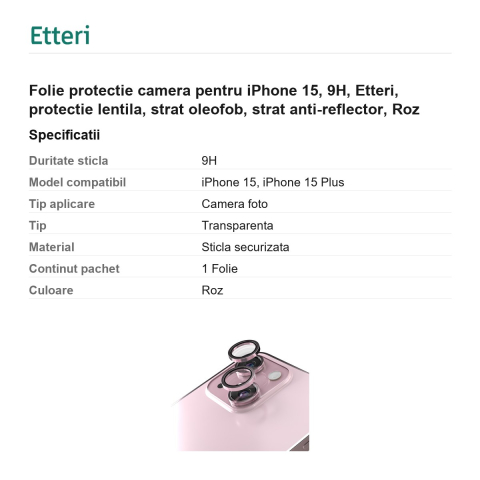 Folie protectie camera pentru iPhone 15, 9H, Etteri, protectie lentila, strat oleofob, strat anti-reflector, Roz [2]