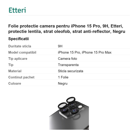 Folie protectie camera pentru iPhone 15 Pro, 9H, Etteri, protectie lentila, strat oleofob, strat anti-reflector, Negru [2]