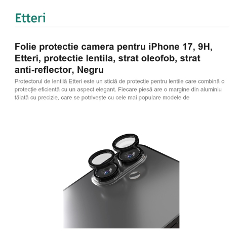 Folie protectie camera pentru iPhone 17, 9H, Etteri, protectie lentila, strat oleofob, strat anti-reflector, Negru [1]