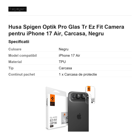 Folie protectie camera pentru iPhone 17 Air, Spigen, Optik Pro Glas.Tr Ez Fit [2]