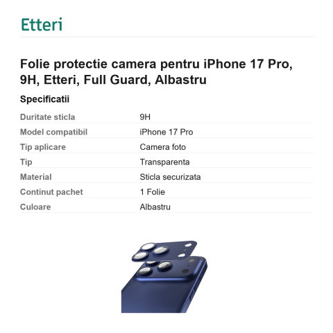 Folie protectie camera pentru iPhone 17 Pro, 9H, Etteri, Full Guard, Albastru [2]
