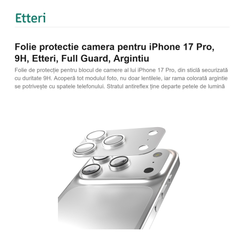 Folie protectie camera pentru iPhone 17 Pro, 9H, Etteri, Full Guard, Argintiu [1]