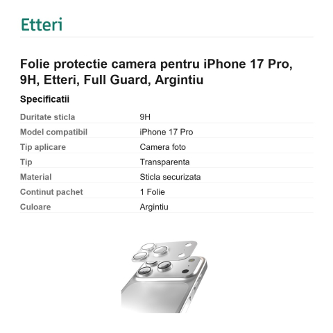 Folie protectie camera pentru iPhone 17 Pro, 9H, Etteri, Full Guard, Argintiu [2]