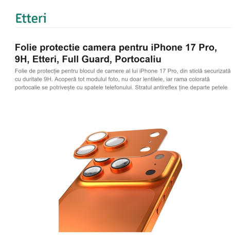Folie protectie camera pentru iPhone 17 Pro, 9H, Etteri, Full Guard, Portocaliu [1]