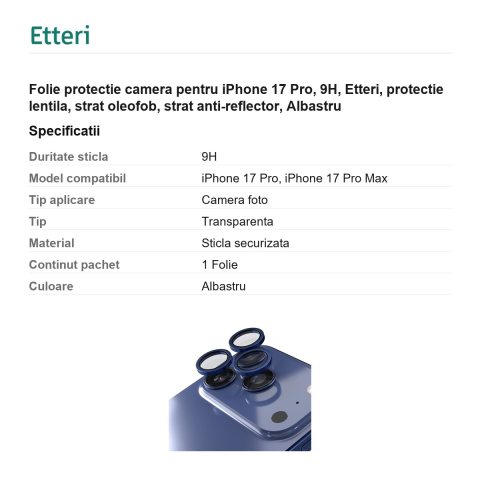 Folie protectie camera pentru iPhone 17 Pro, 9H, Etteri, protectie lentila, strat oleofob, strat anti-reflector, Albastru [2]
