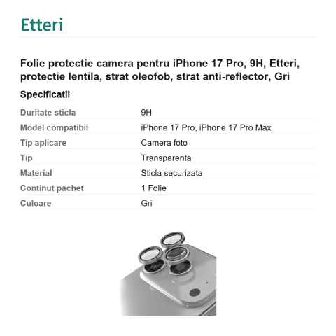 Folie protectie camera pentru iPhone 17 Pro, 9H, Etteri, protectie lentila, strat oleofob, strat anti-reflector, Gri [2]