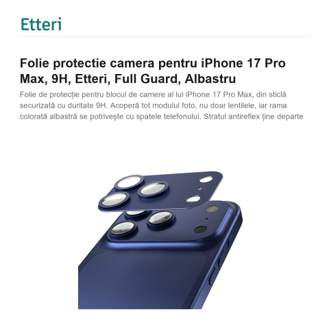 Folie protectie camera pentru iPhone 17 Pro Max, 9H, Etteri, Full Guard, Albastru [1]