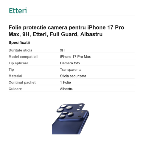 Folie protectie camera pentru iPhone 17 Pro Max, 9H, Etteri, Full Guard, Albastru [2]