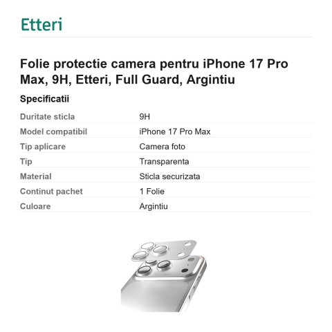 Folie protectie camera pentru iPhone 17 Pro Max, 9H, Etteri, Full Guard, Argintiu [2]
