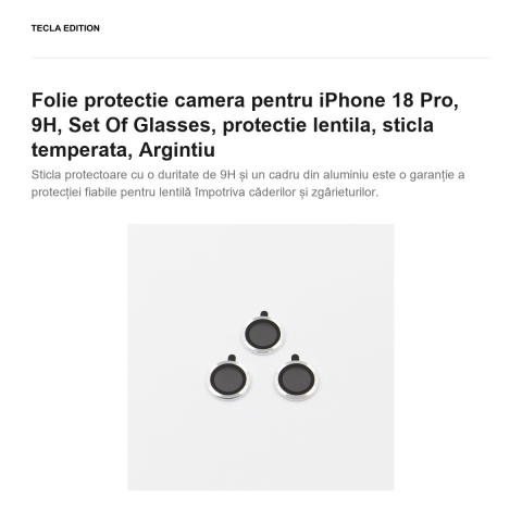 Folie protectie camera pentru iPhone 18 Pro, 9H, Set Of Glasses, protectie lentila, sticla temperata, Argintiu [1]