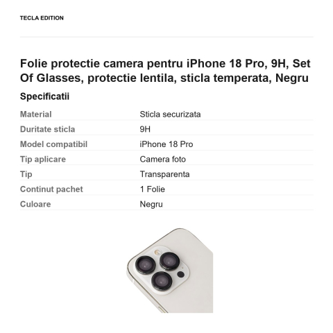 Folie protectie camera pentru iPhone 18 Pro, 9H, Set Of Glasses, protectie lentila, sticla temperata, Negru [2]