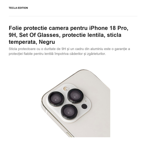 Folie protectie camera pentru iPhone 18 Pro, 9H, Set Of Glasses, protectie lentila, sticla temperata, Negru [1]