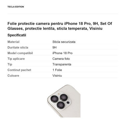 Folie protectie camera pentru iPhone 18 Pro, 9H, Set Of Glasses, protectie lentila, sticla temperata, Visiniu [2]