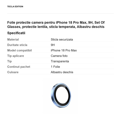Folie protectie camera pentru iPhone 18 Pro Max, 9H, Set Of Glasses, protectie lentila, sticla temperata, Albastru deschis [2]