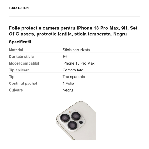 Folie protectie camera pentru iPhone 18 Pro Max, 9H, Set Of Glasses, protectie lentila, sticla temperata, Negru [2]