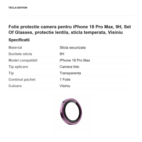 Folie protectie camera pentru iPhone 18 Pro Max, 9H, Set Of Glasses, protectie lentila, sticla temperata, Visiniu [2]