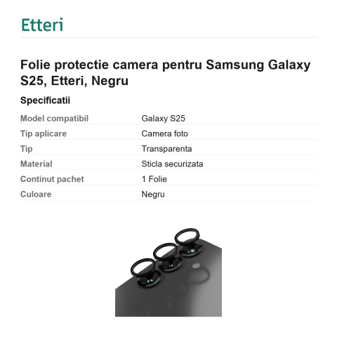Folie protectie camera pentru Samsung Galaxy S25, Etteri, Negru [2]