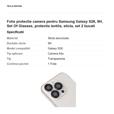 Folie protectie camera pentru Samsung Galaxy S26, 9H, Set Of Glasses, protectie lentila, sticla, set 2 bucati [2]