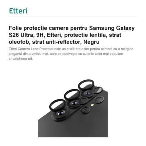Folie protectie camera pentru Samsung Galaxy S26 Ultra, 9H, Etteri, protectie lentila, strat oleofob, strat anti-reflector, Negru [1]