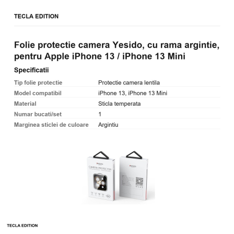 Folie protectie camera Yesido, cu rama argintie, pentru Apple iPhone 13 / iPhone 13 Mini [2]