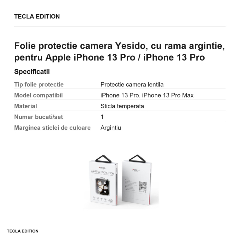 Folie protectie camera Yesido, cu rama argintie, pentru Apple iPhone 13 Pro / iPhone 13 Pro Max [2]
