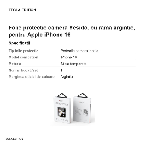 Folie protectie camera Yesido, cu rama argintie, pentru Apple iPhone 16 [2]