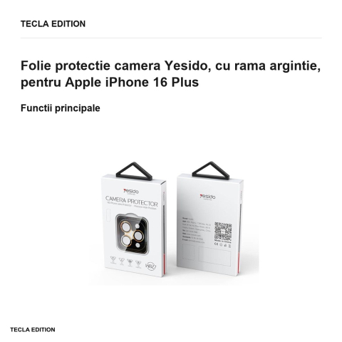 Folie protectie camera Yesido, cu rama argintie, pentru Apple iPhone 16 Plus [1]