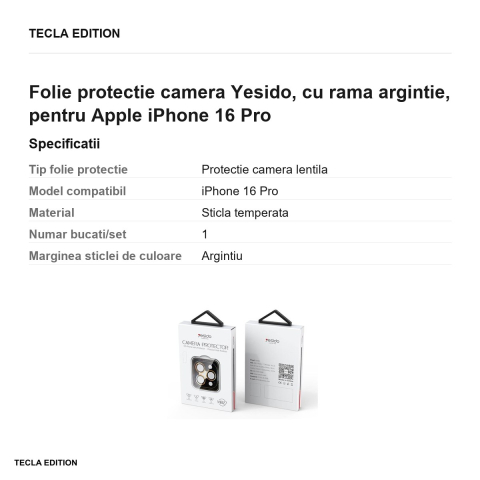 Folie protectie camera Yesido, cu rama argintie, pentru Apple iPhone 16 Pro [2]