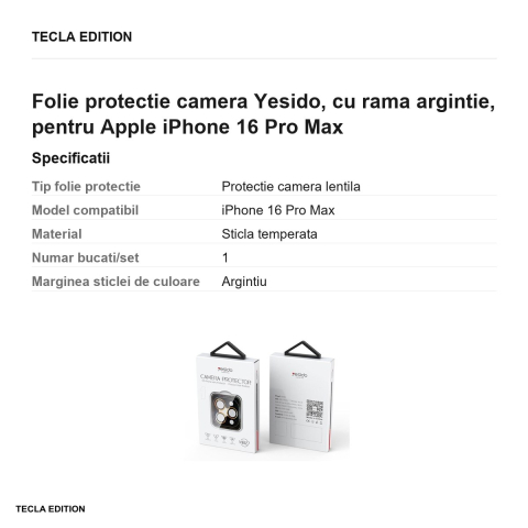 Folie protectie camera Yesido, cu rama argintie, pentru Apple iPhone 16 Pro Max [2]