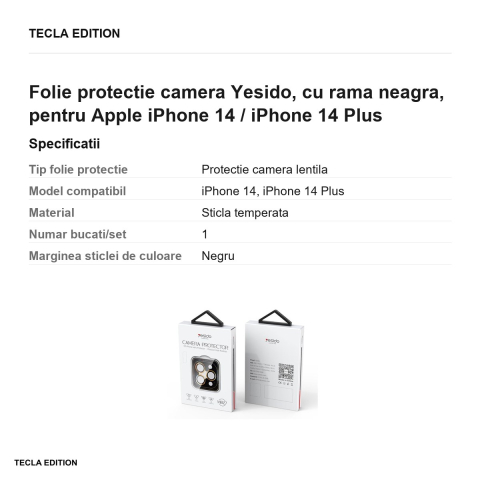 Folie protectie camera Yesido, cu rama neagra, pentru Apple iPhone 14 / iPhone 14 Plus [2]
