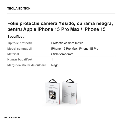 Folie protectie camera Yesido, cu rama neagra, pentru Apple iPhone 15 Pro Max / iPhone 15 Pro [2]