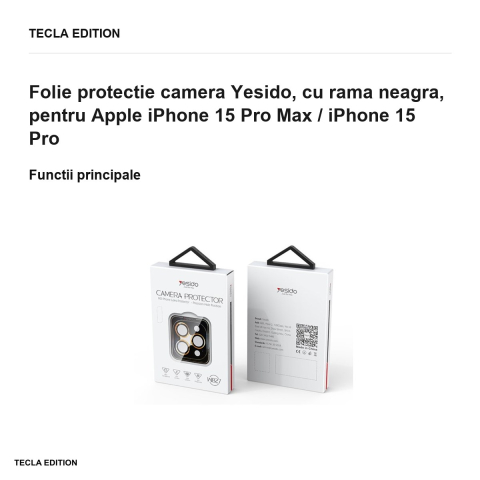Folie protectie camera Yesido, cu rama neagra, pentru Apple iPhone 15 Pro Max / iPhone 15 Pro [1]