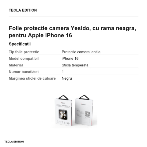 Folie protectie camera Yesido, cu rama neagra, pentru Apple iPhone 16 [2]
